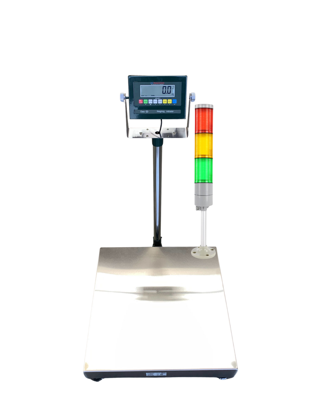 The Semen Tanks - Select Genetics Bench Cryo-Alert Scale 24"x24" with US-6011 Indicator and STACKLIGHT (90 lbs) features a large flat platform, upright display showing 0.0, and a vertical stacklight for monitoring tank alarms.
