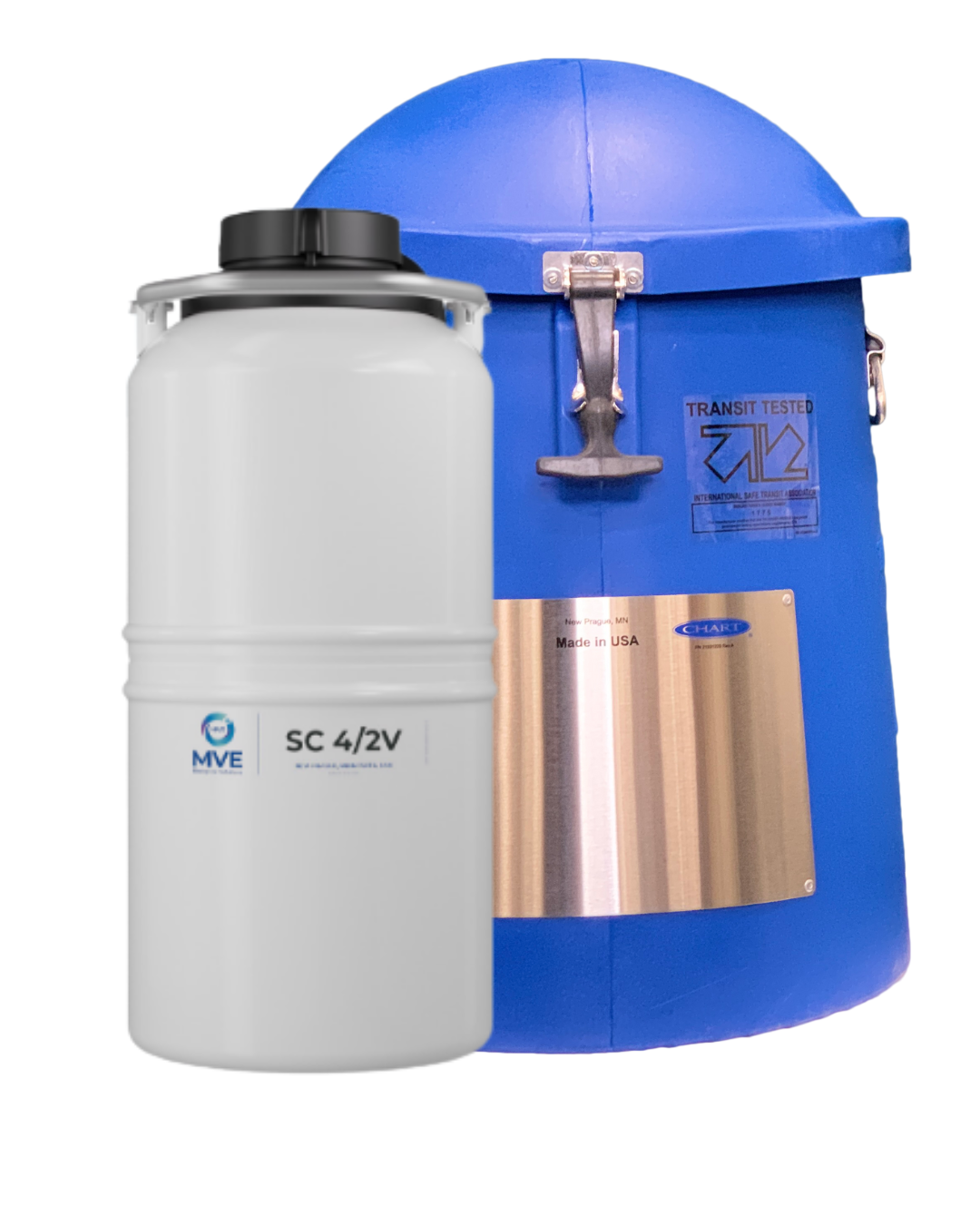 The Chart/MVE NEXT GENERATION SC 4/2V Vapor Shipper with Mushroom sits in front of a large blue protective shipping container featuring a metal plate and latch; includes a three-year vacuum warranty.