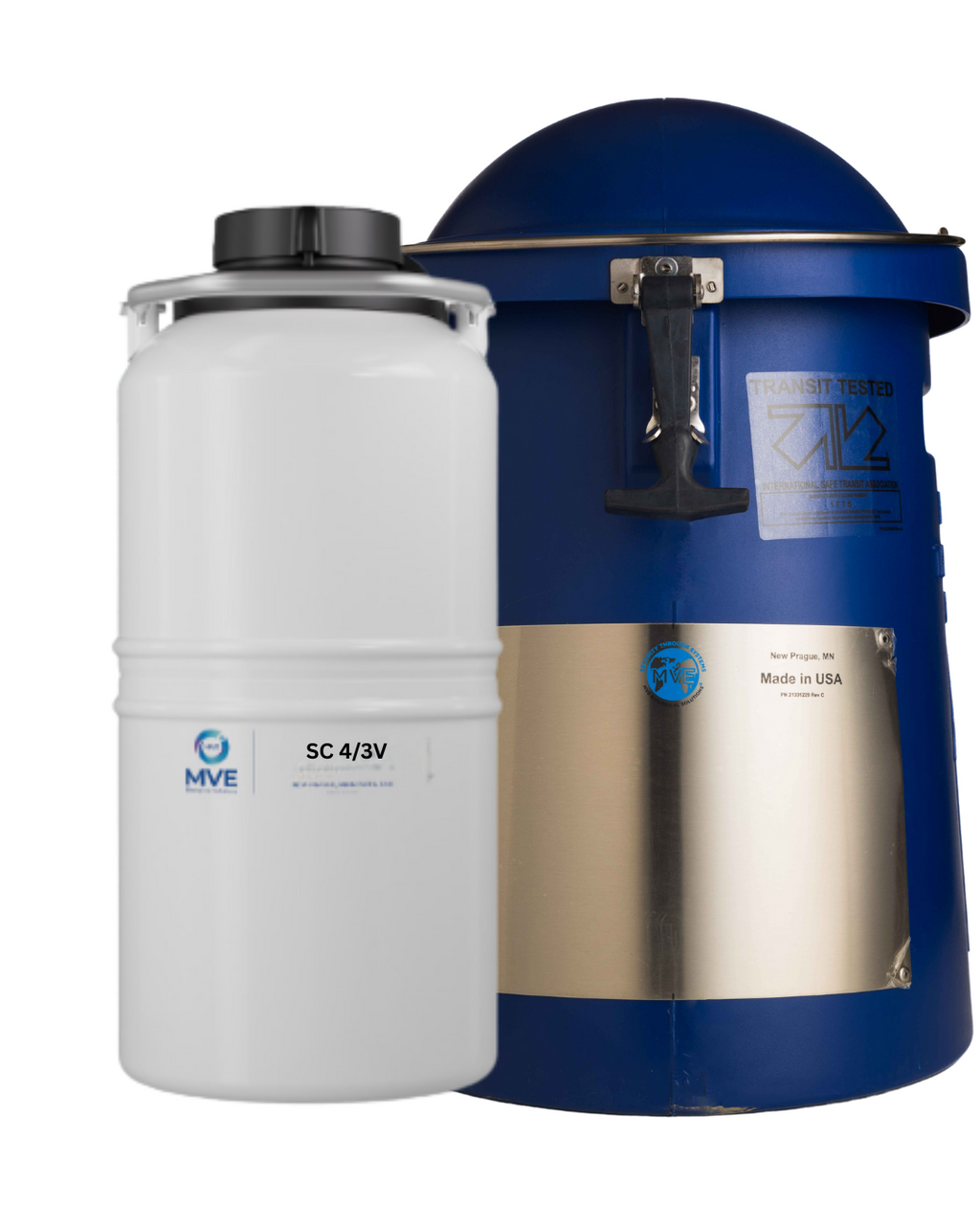 A Chart/MVE NEXT GENERATION SC 4/3 V liquid nitrogen tank with Mushroom-4/3V, labeled for a three-year warranty, stands before a larger blue and silver vapor shipper cryogenic storage container.