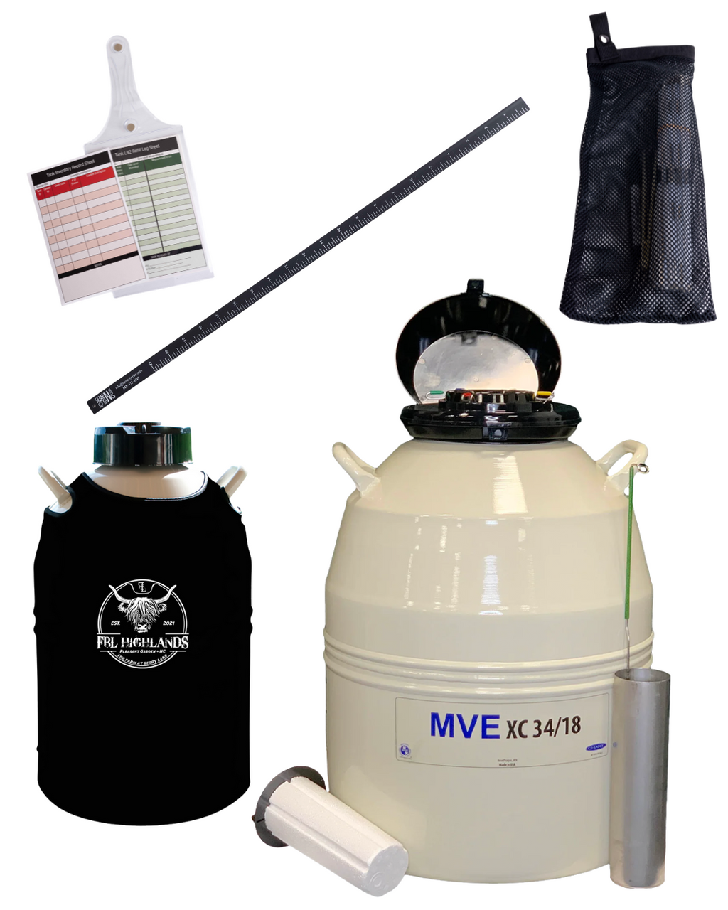 A collage features the Chart/MVE XC 34/18 PACKAGE DEAL: an MVE XC 34/18 liquid nitrogen tank, Original Tank Top, measuring stick, inventory packet, and Canekeeper—essential cow breeding supplies with a five-year vacuum warranty.