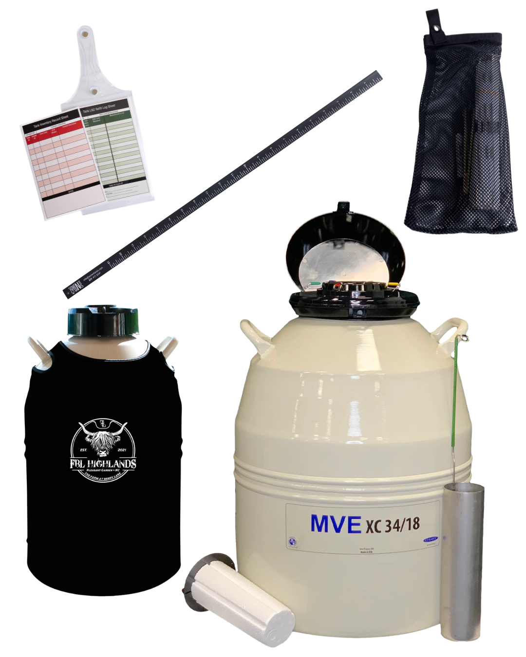 A collage features the Chart/MVE XC 34/18 PACKAGE DEAL: an MVE XC 34/18 liquid nitrogen tank, Original Tank Top, measuring stick, inventory packet, and Canekeeper—essential cow breeding supplies with a five-year vacuum warranty.