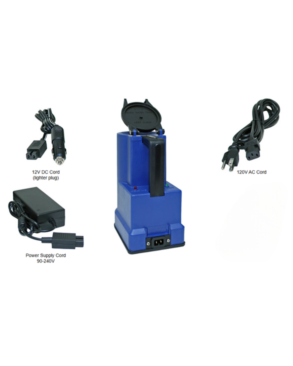 The RR AI Kit- With Electric Thaw Unit is a blue portable device with handle, flip-top lid, black base, three power input ports, and cords: 12V DC car adapter, 120V AC cord, and 90-240V supply. Compatible with Universal AI Gun kits.