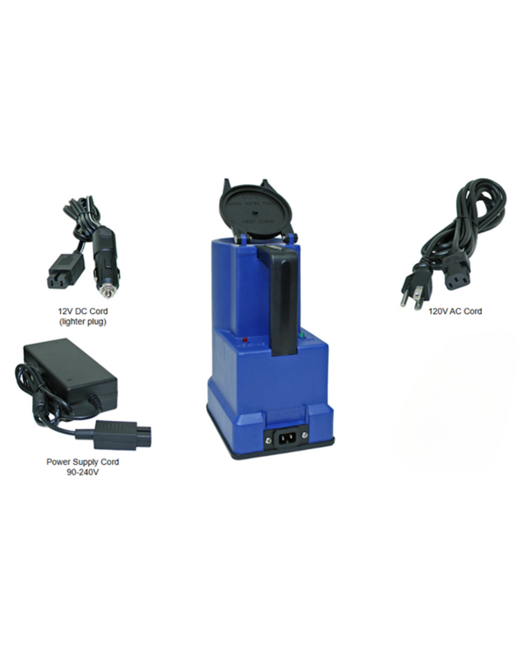 The RR AI Kit- With Electric Thaw Unit is a blue portable device with handle, flip-top lid, black base, three power input ports, and cords: 12V DC car adapter, 120V AC cord, and 90-240V supply. Compatible with Universal AI Gun kits.