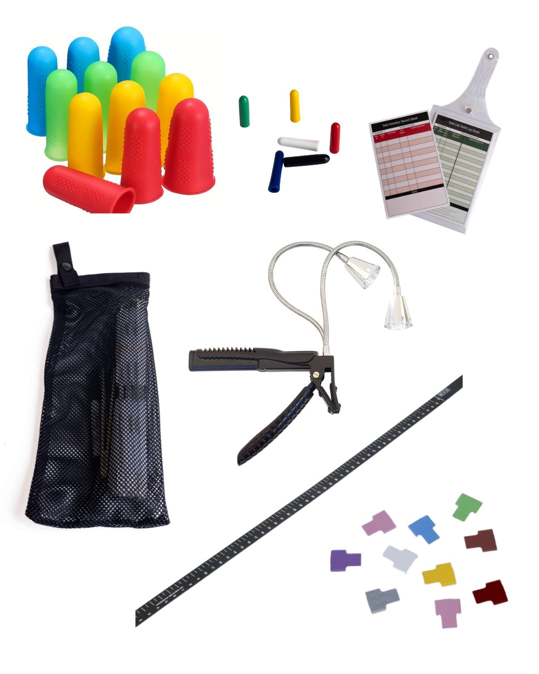 The Semen Tanks - Select Genetics ACCESSORY PACKAGE includes fingertips, inv packet, tank light, stick, cane tabs, canister tabs, and canekeeper for organized office or lab use.