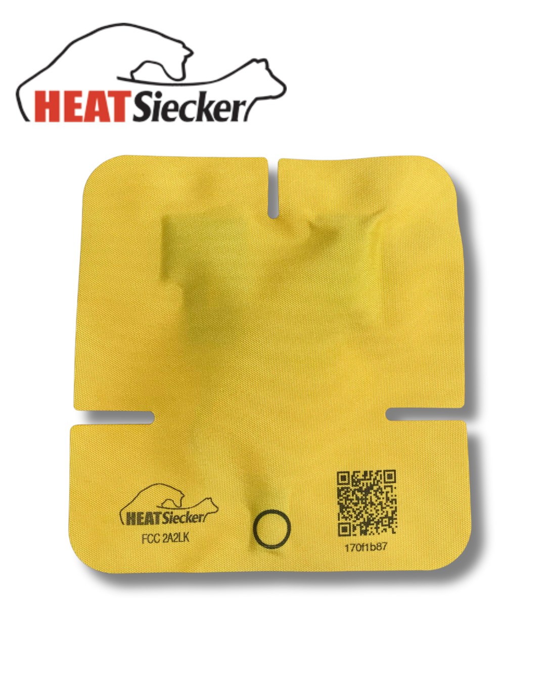 The HEATSIECKER PATCH 10 PACK by Semen Tanks - Select Genetics features yellow square patches with a QR code, logo, and ID number. The bear-outline logo appears above each patch on a white background, ideal for cow heat detection.