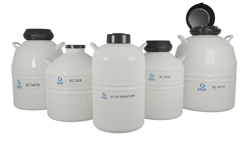 A white Chart/MVE XC 30/12 V cryogenic storage tank with a black lid and blue MVE logo is shown. It holds up to 312 straws, has a three-year vacuum warranty, and is pictured with a Protective Shipping Container.