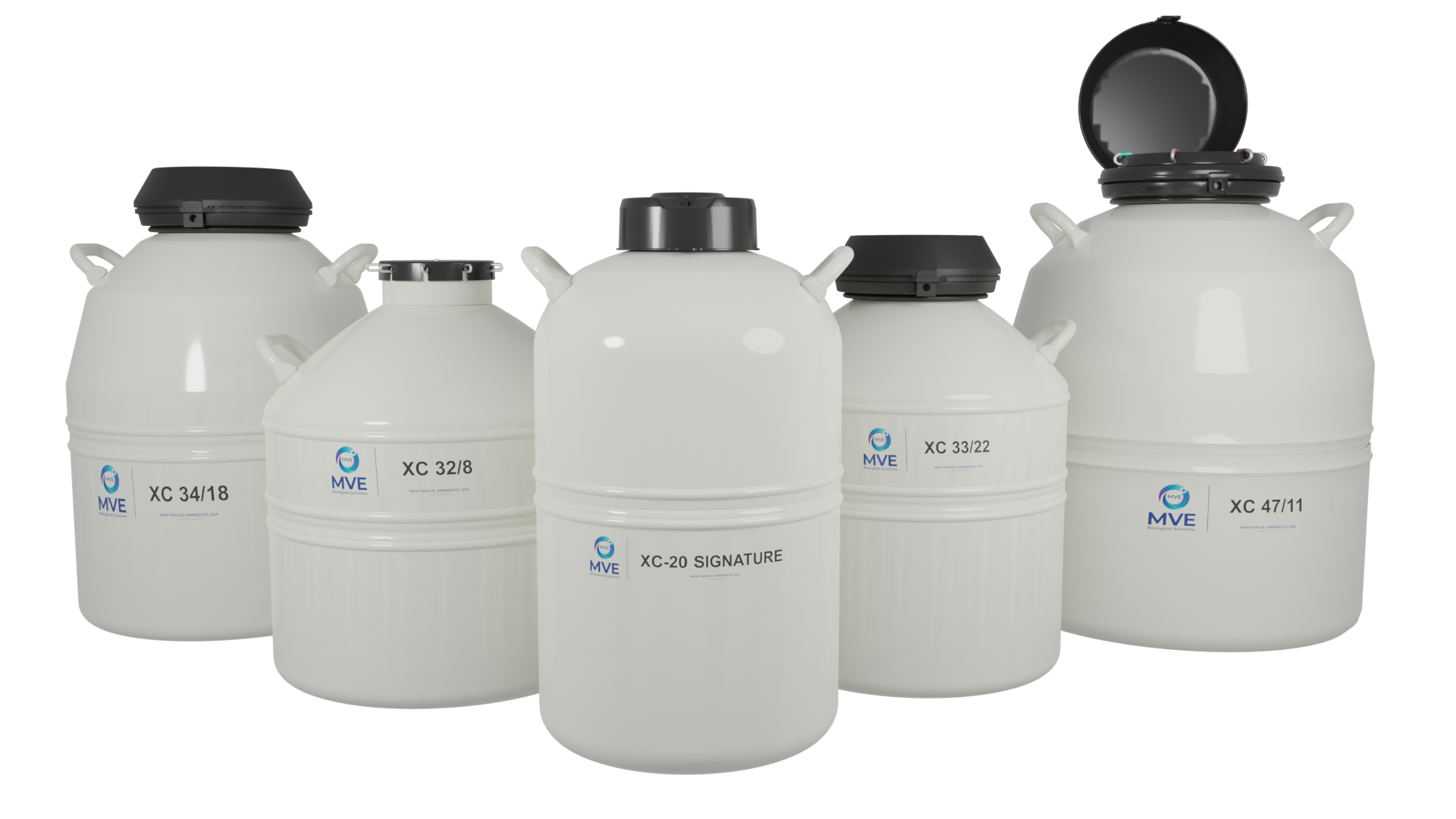 A white Chart/MVE XC 30/12 V cryogenic storage tank with a black lid and blue MVE logo is shown. It holds up to 312 straws, has a three-year vacuum warranty, and is pictured with a Protective Shipping Container.