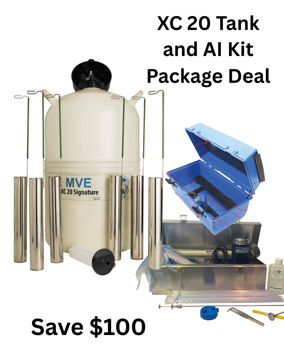 Chart/MVE MVE XC 20 Signature Tank and AI Kit Package Deal for cattle or goats—includes metal canisters, blue case, trays, and supplies. Save $100 on this offer.