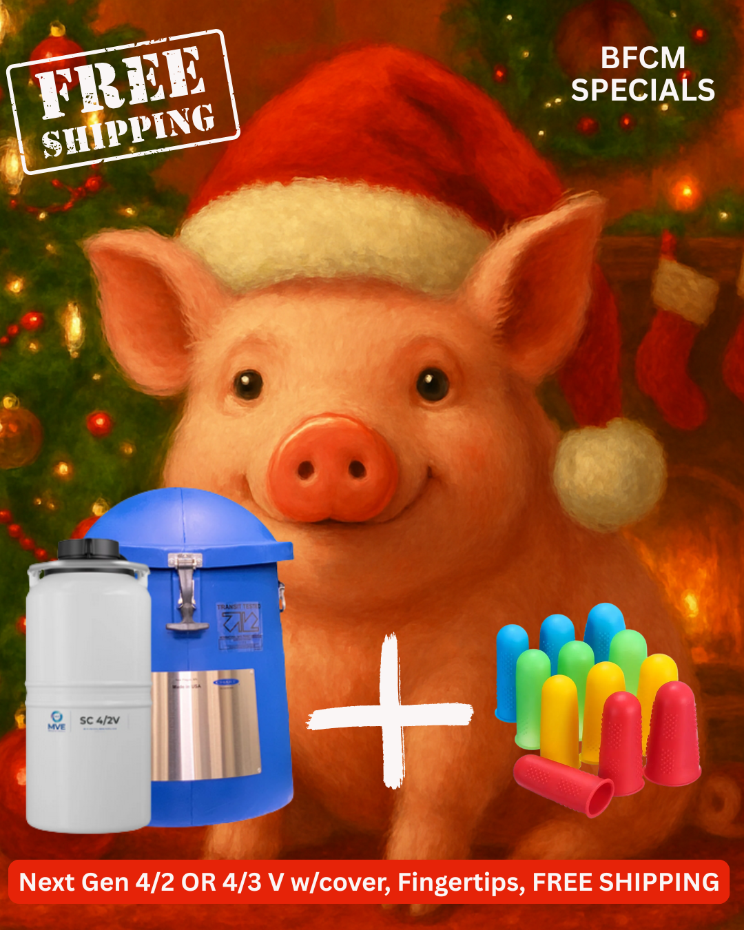A smiling pig in a Santa hat stands by a tree with colorful finger protectors and text advertising BFCM MVE NEXT GENERATION 4/2 or 4/3 Vapor Tank with Mushroom from Semen Tanks - Select Genetics, plus free shipping and a bonus gift.
