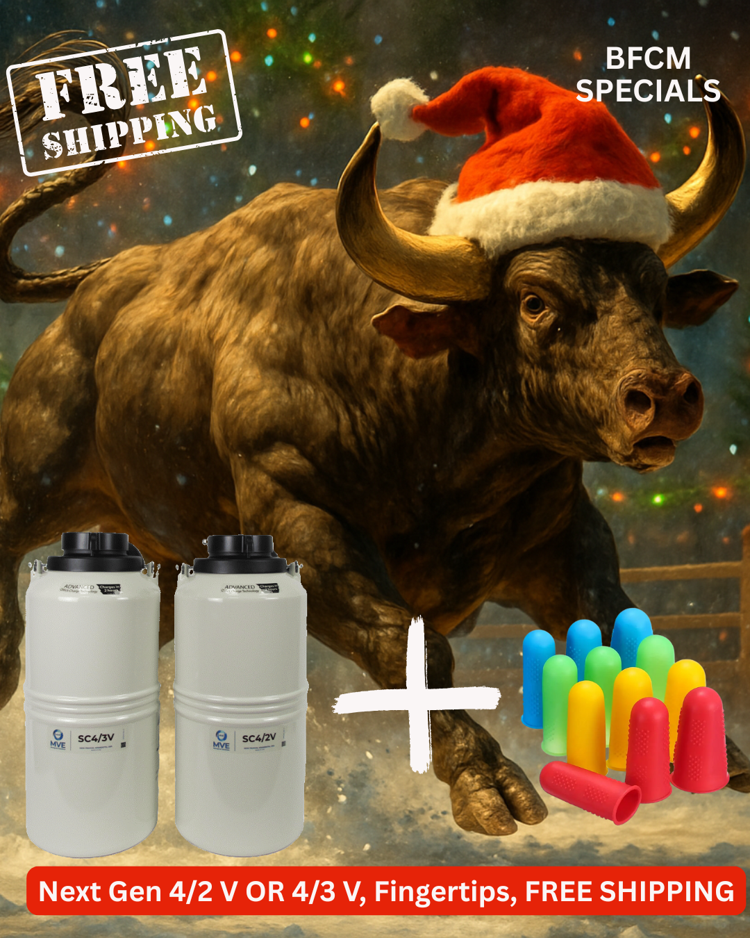 A bull in a Santa hat charges past two Semen Tanks - Select Genetics BFCM MVE Next Generation 4/2 or 4/3 vapor tanks, colorful fingertip protectors, and a FREE SHIPPING label. Enjoy specials, next-gen equipment, and easy model selection.