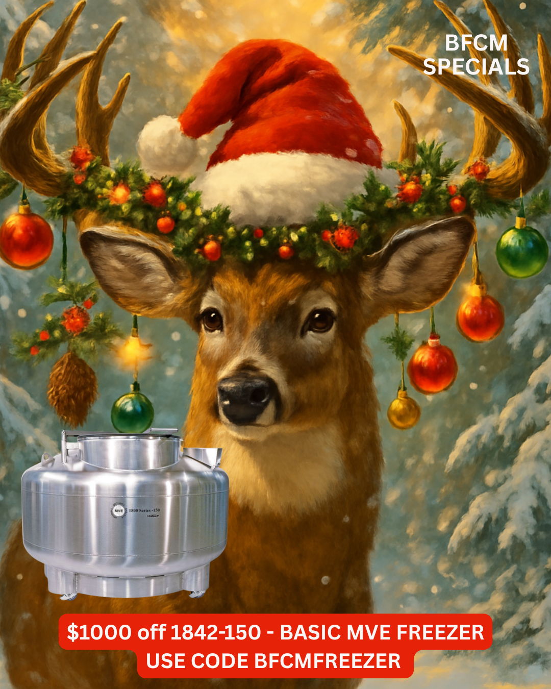 A festive deer in a snowy forest stands beside the Semen Tanks - Select Genetics BFCM MVE Freezer. Holiday special: $1000 off—use code BFCMFREEZER!.