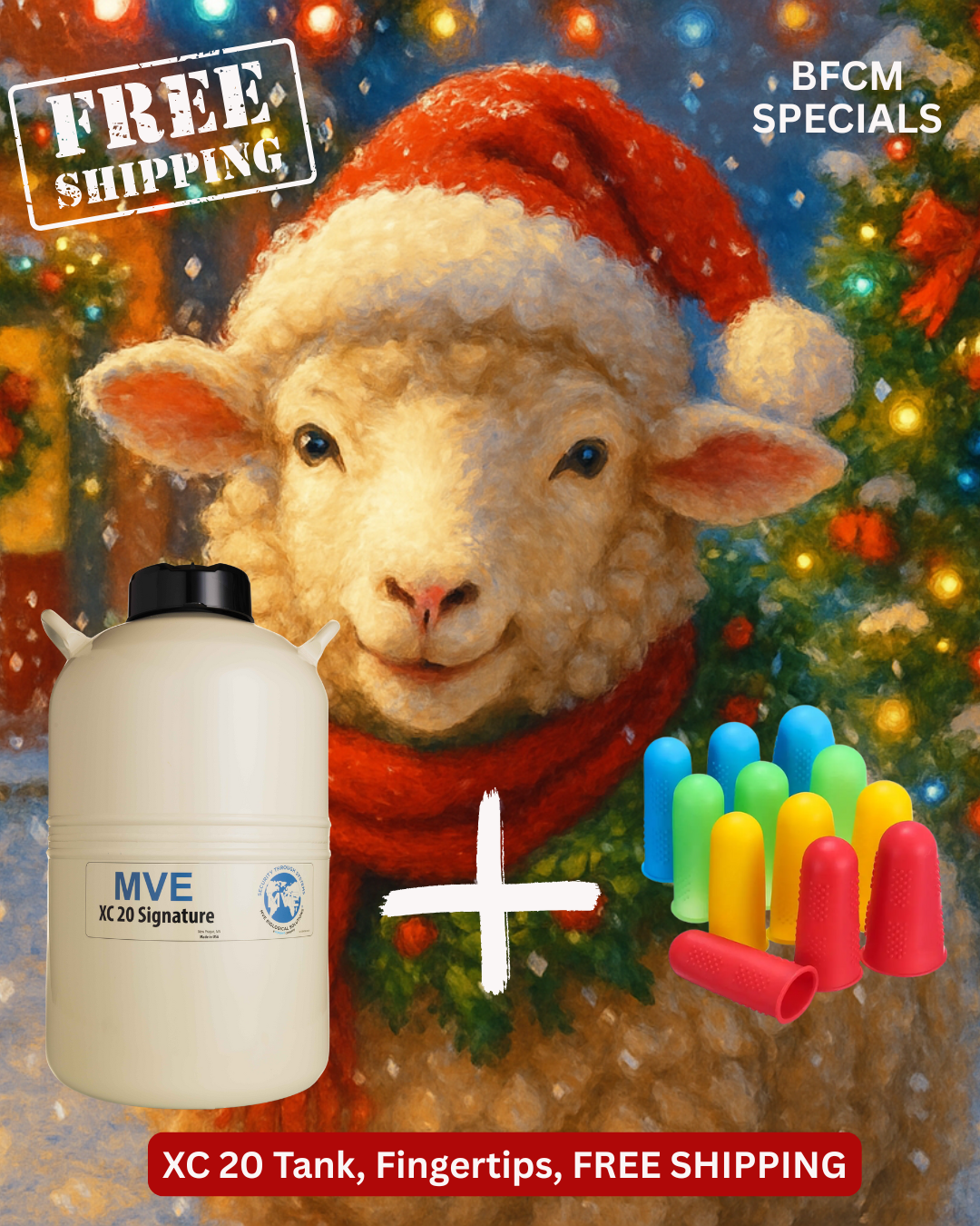 A sheep in a Santa hat is in the background. In front: Semen Tanks - Select Genetics BFCM MVE XC 20, colorful fingertip covers, and text: “FREE SHIPPING AND FREE BONUS GIFT.” A red banner features the product name and offer.