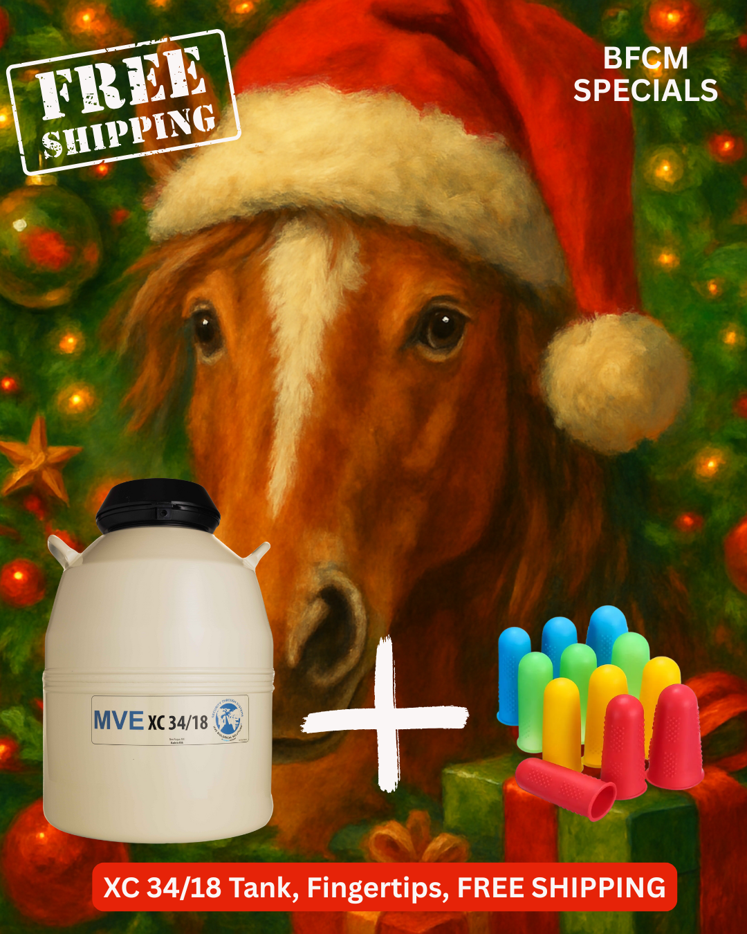 A horse in a Santa hat is in the background. In the foreground: Semen Tanks - Select Genetics BFCM MVE XC 34/18 TANK with FREE SHIPPING and BONUS GIFT, plus colorful finger protectors and festive promotional text.