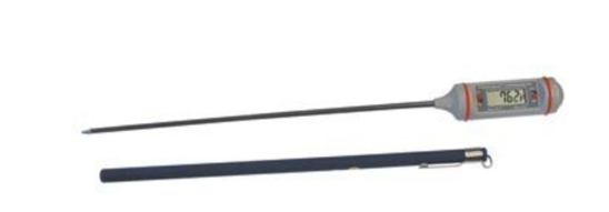 The RR AI Kit- With Electric Thaw Unit features a digital food thermometer with a long metal probe, electronic display, protective sheath, and BIO-SAFE gloves for safe food handling.