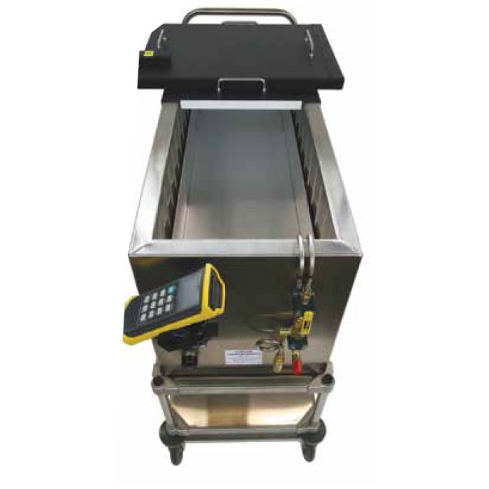 The MVE Cryo Cart by Semen Tanks - Select Genetics is a stainless steel, rectangular, open-top mobile unit with a control panel and multiple pipes and valves, ideal for biorepository transport or cryogenic sample handling.