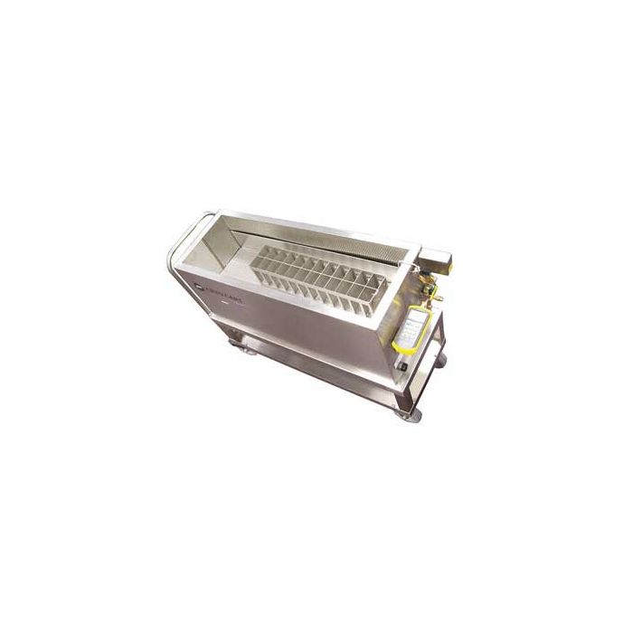 The MVE Cryo Cart by Semen Tanks - Select Genetics is a stainless steel cart with a rectangular cutting area, side handles, controls, and wheels—perfect for biobanking or cryogenic workbenches—shown on a white background.
