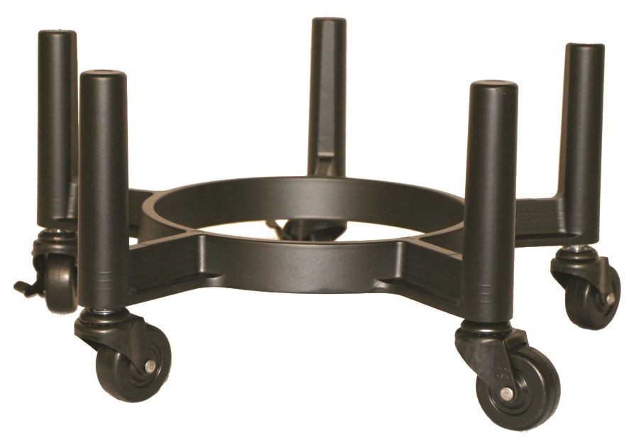 The Chart/MVE MVE XC 34/18 Storage Tank Plus Roller Base is a durable black plastic dolly with swivel caster wheels and four upright posts, designed for easy transport and support of large storage tanks like the 2100-straw capacity unit.