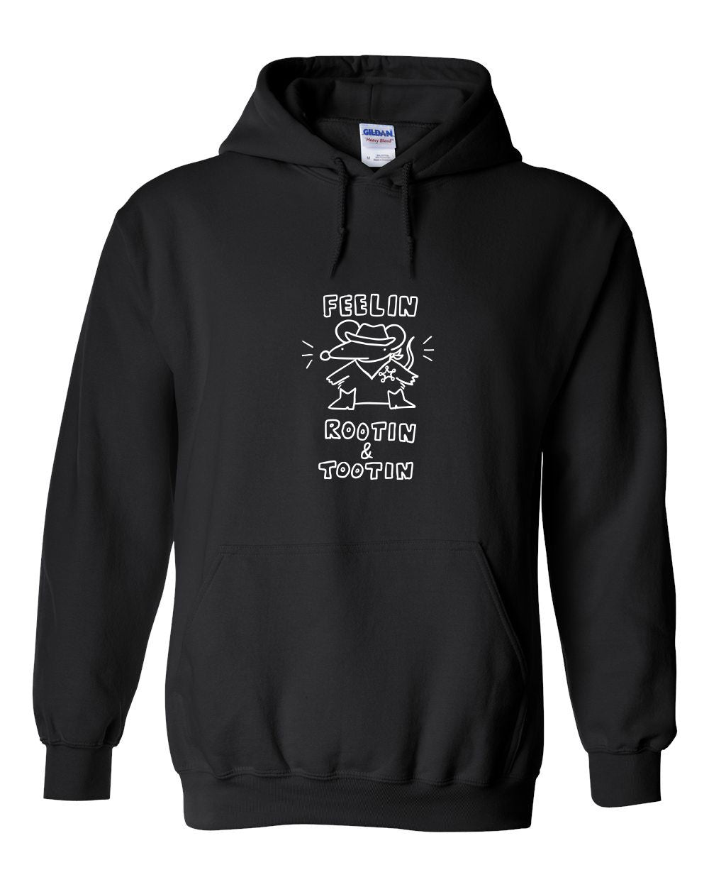 The Semen Tanks - Select Genetics Rooting Tooting Sweatshirt Hoodie features a white line frog in cowboy gear, playful “FEELIN ROOTIN & TOOTIN” text, and offers roomy comfort—perfect for adding quirky style to your look.