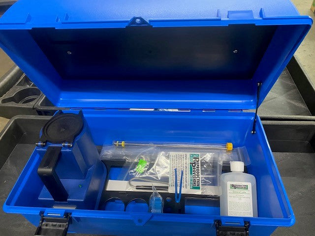 The RR Goat AI Kit features a blue case with an open lid displaying the CITO digital thaw unit, tweezers, thermometer, straw cutter, Priority Care items, LED light, speculum, goat gun, and sheaths.