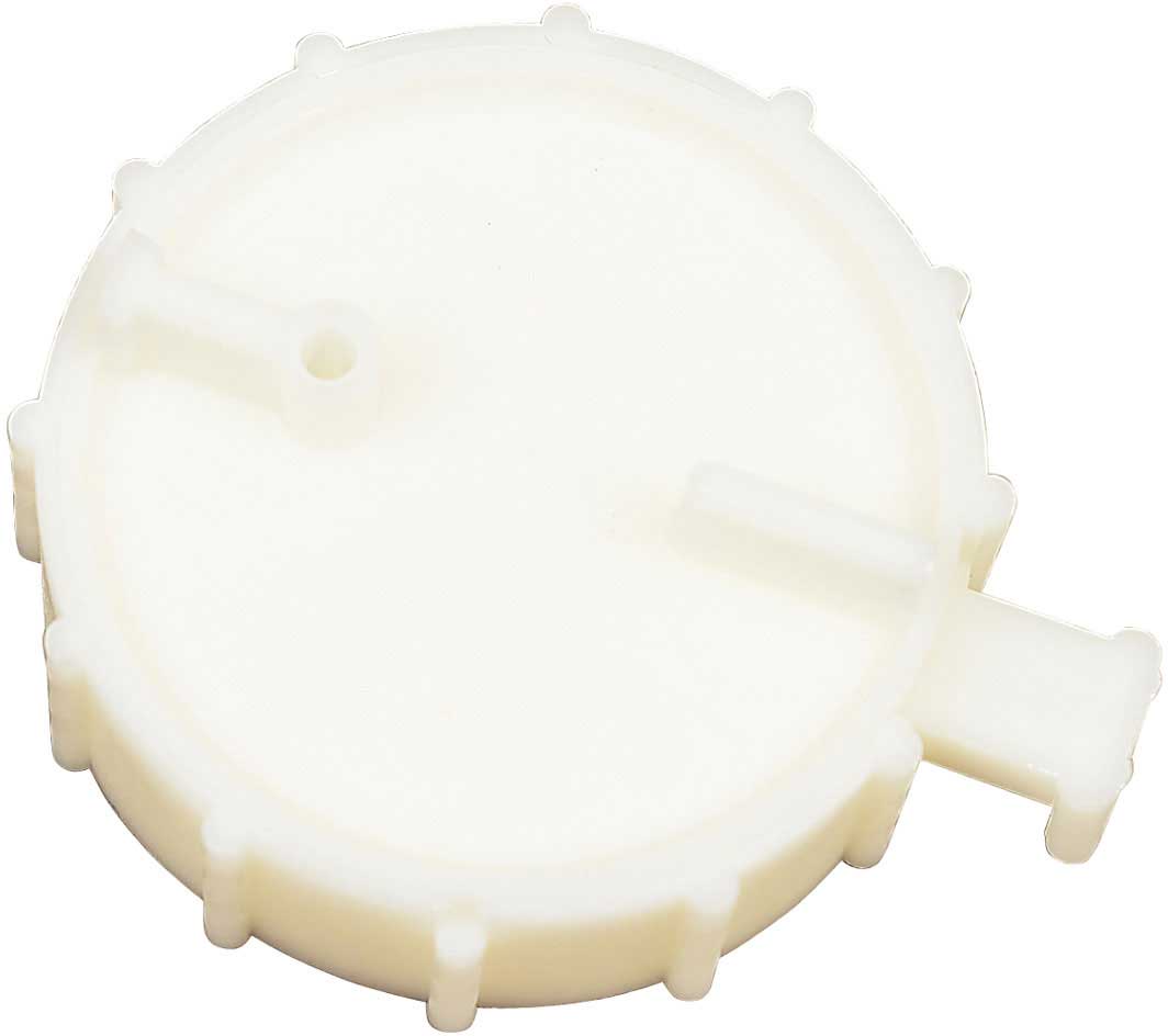 The SG AI Straw Cutter is a round, white plastic tool with a flat top, side spout, and notched edge—designed for easy disassembly, cleaning, and maintenance, making it ideal for cutting semen straws.