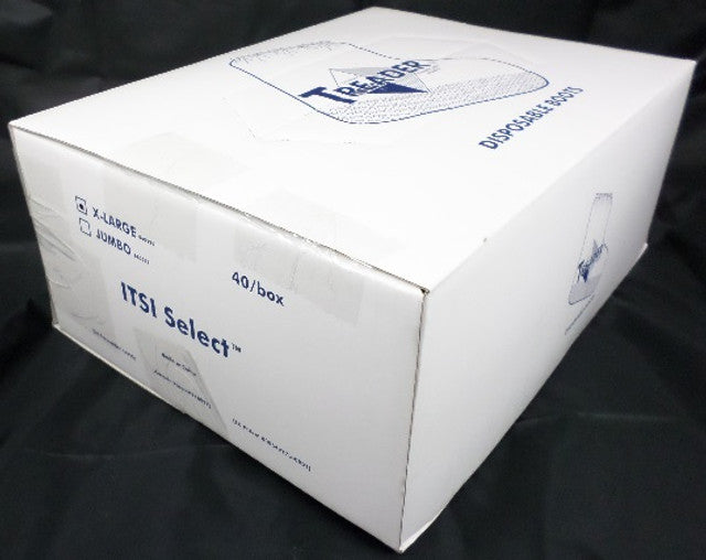 A closed white RR box labeled TREADER Disposable Boots that GRIP (Jumbo, 40 per box) with blue text sits on a dark surface.