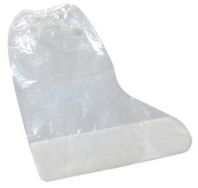 RR TREADER Disposable Boots that GRIP (XL or Jumbo, 40 per box) are transparent, heavy-duty plastic covers with an elastic opening, designed to protect leg or foot casts from water. L-shaped for a secure fit around the leg.