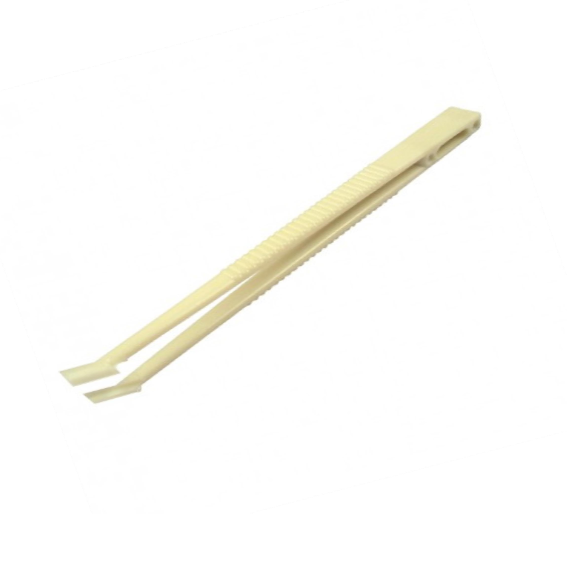 The Semen Tanks Tweezers - 1/2cc are beige plastic tweezers with a textured grip and flat, angled tips, ideal for handling semen straws during artificial insemination.
