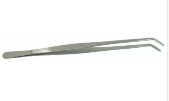 A pair of angled-tip metal tweezers on a white background, perfect for precision tasks with the RR AI Kit—With Electric Thaw Unit, or when used with BIO-SAFE gloves for added safety.