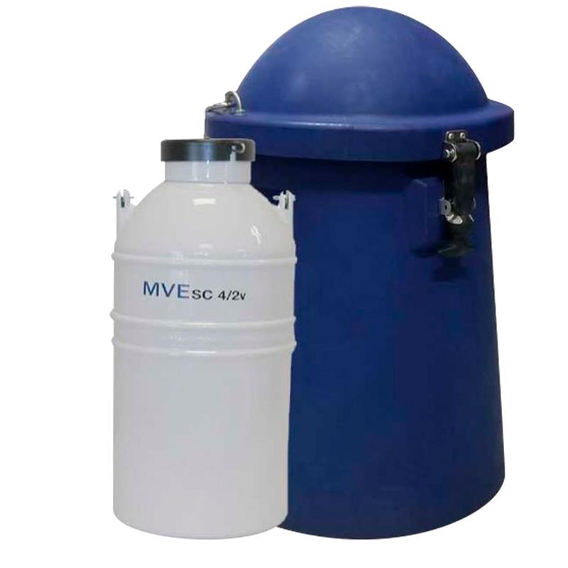 A white Chart/MVE SC 4/2V or SC 4/3V tank (holds up to 280 straws, three-year vacuum warranty) stands beside a large blue protective mushroom lid container, ideal for semen embryo shipping and efficient liquid nitrogen use.