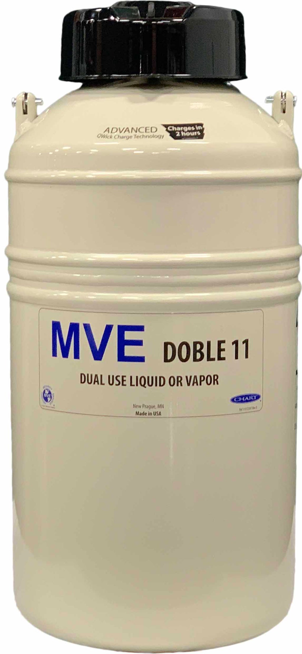The Chart/MVE Doble 11 stores cryogenic materials with a 660-straw capacity, three-year vacuum warranty, and insulated beige design—ideal for advanced cryogenic liquid storage needs.