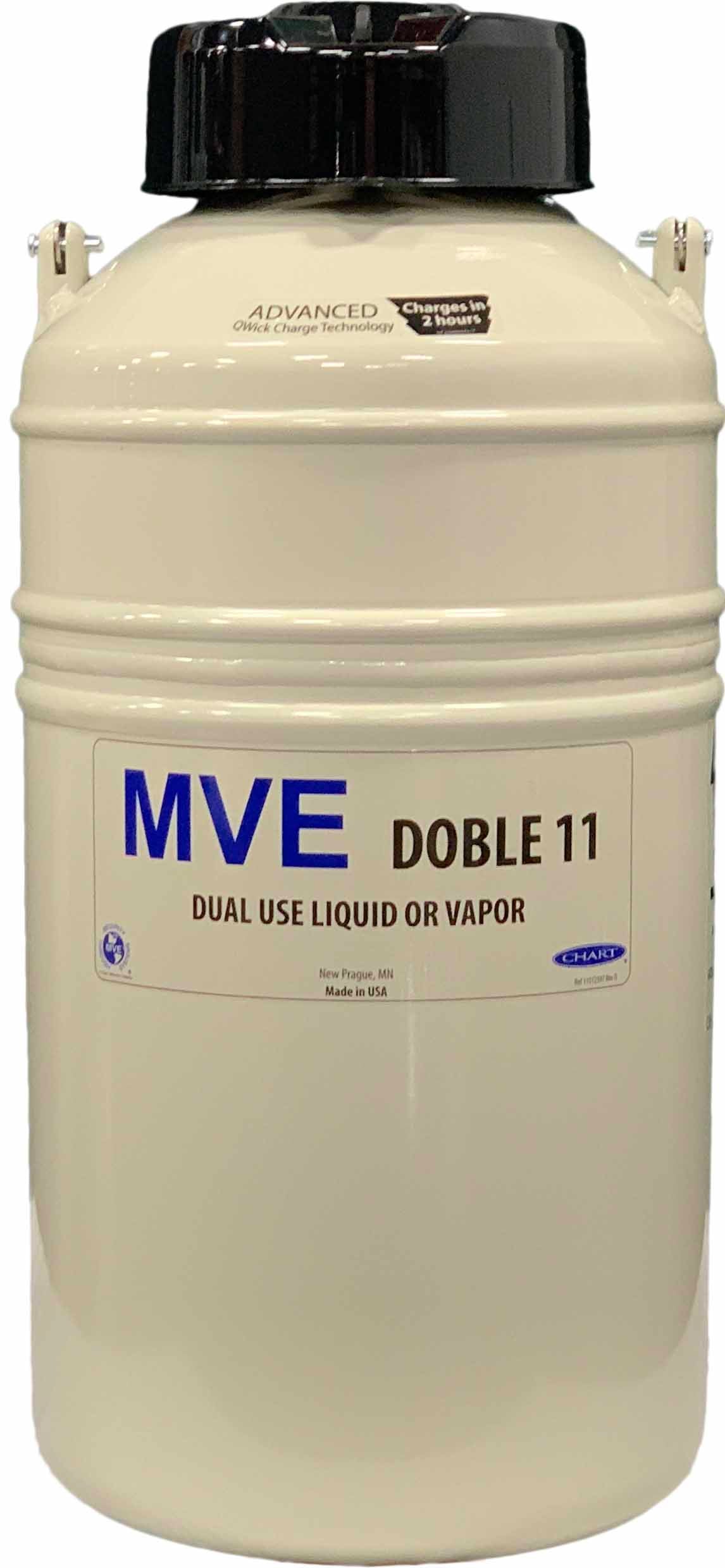 The Chart/MVE Doble 11 cryogenic dewar, holding up to 660 straws, features a white cylindrical design with black lid and handles. Ideal for liquid or vapor storage/shipment. Includes a three-year vacuum warranty.