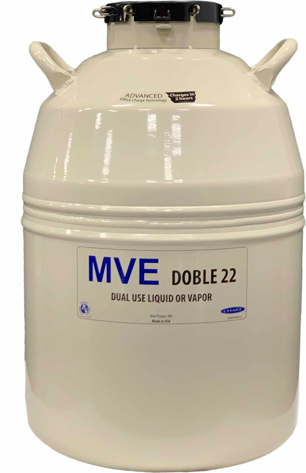 The Chart/MVE Doble 22 cryogenic dewar holds up to 2400 straws, features a secure lid and handles, supports vapor shipment and storage, and comes with a three-year vacuum warranty.