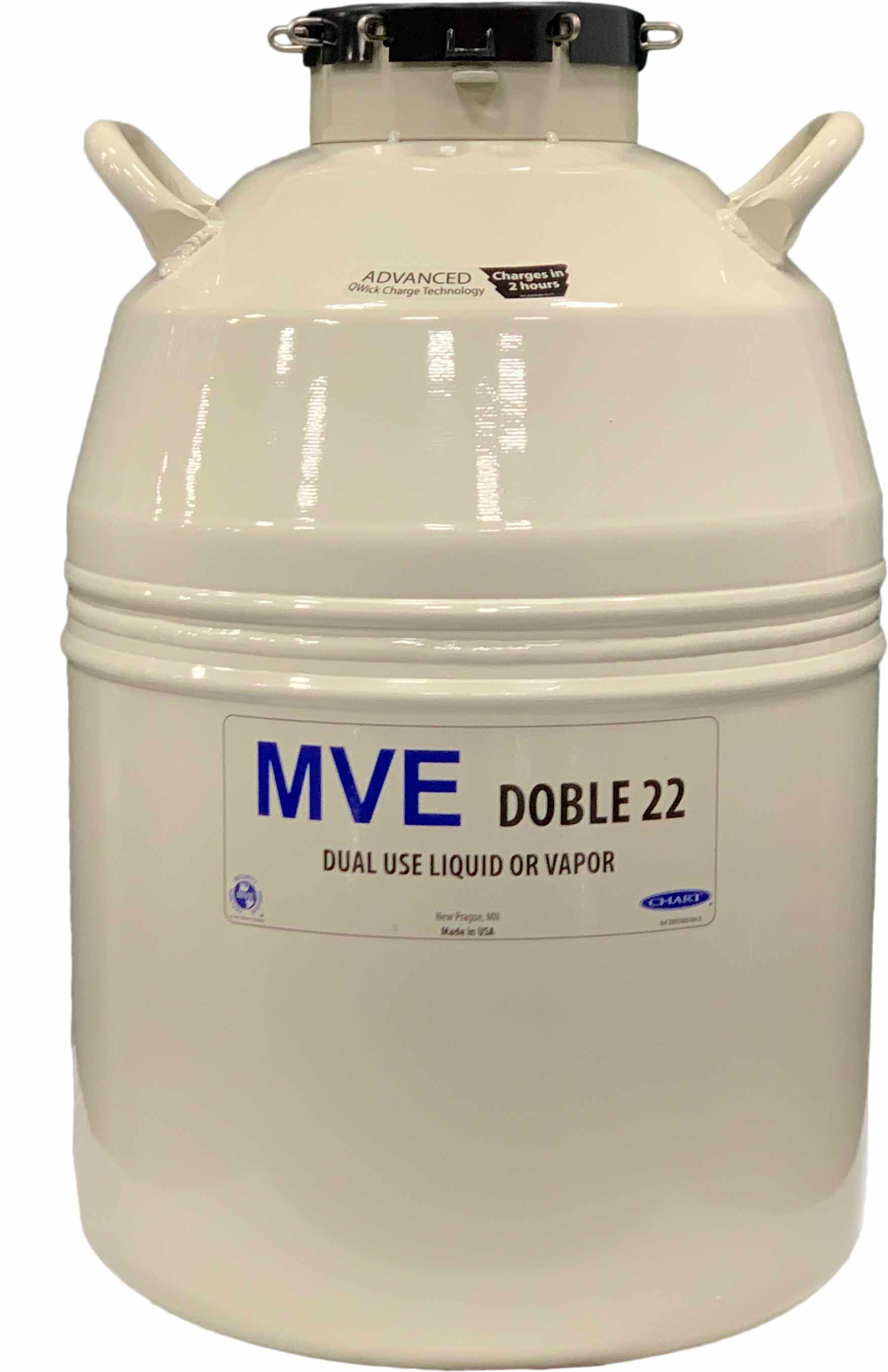 The Chart/MVE Doble 22 cryogenic dewar holds up to 2400 straws, features a secure lid and handles, supports vapor shipment and storage, and comes with a three-year vacuum warranty.