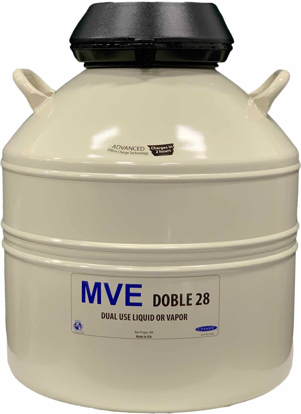 A robust Chart/MVE Doble 28 dewar with handles and a black lid, labeled for liquid or vapor shipping. This insulated container holds up to 2400 straws and comes with a three-year vacuum warranty. Manufacturer’s label included.