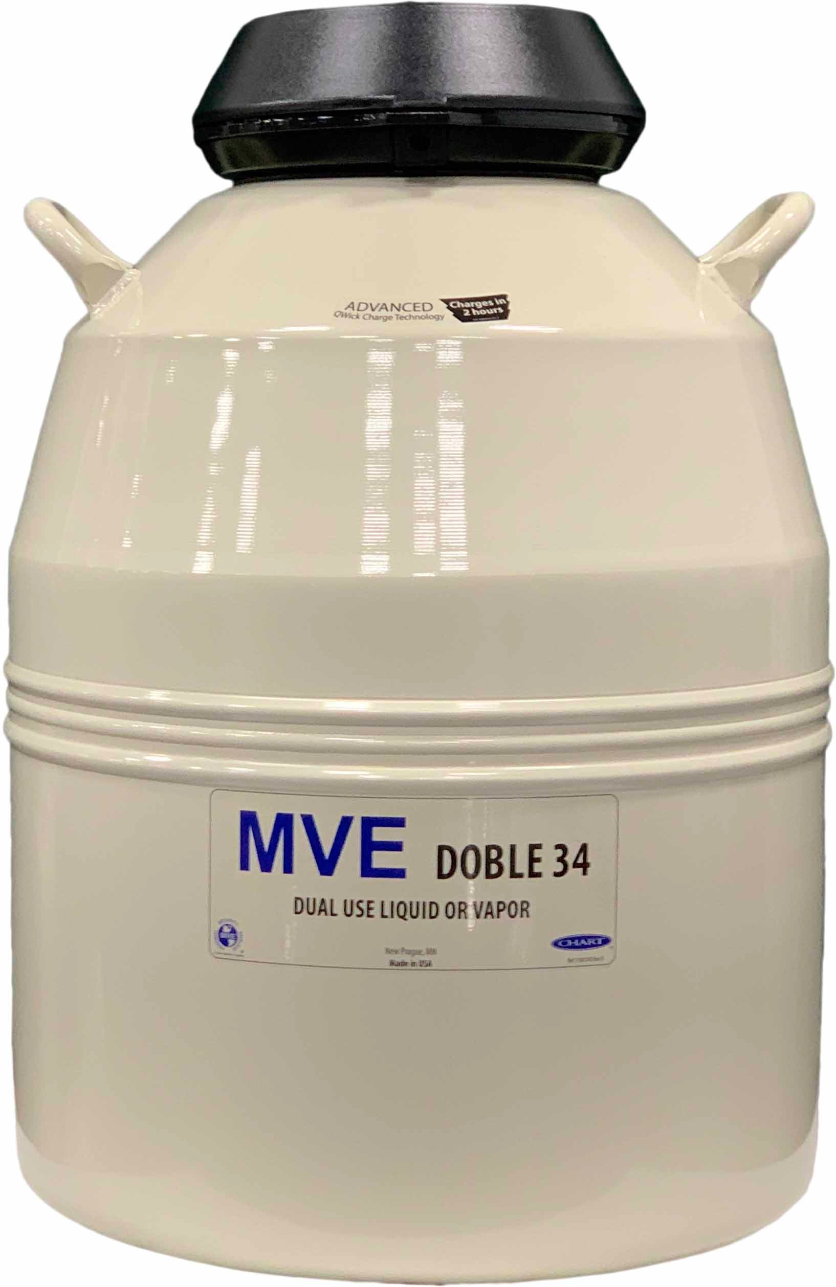 The Chart/MVE Doble 34 is a white cryogenic liquid dewars container with two handles and a black lid, holds 2,100 straws, and includes a three-year vacuum warranty. Suitable for both liquid or vapor shipment.