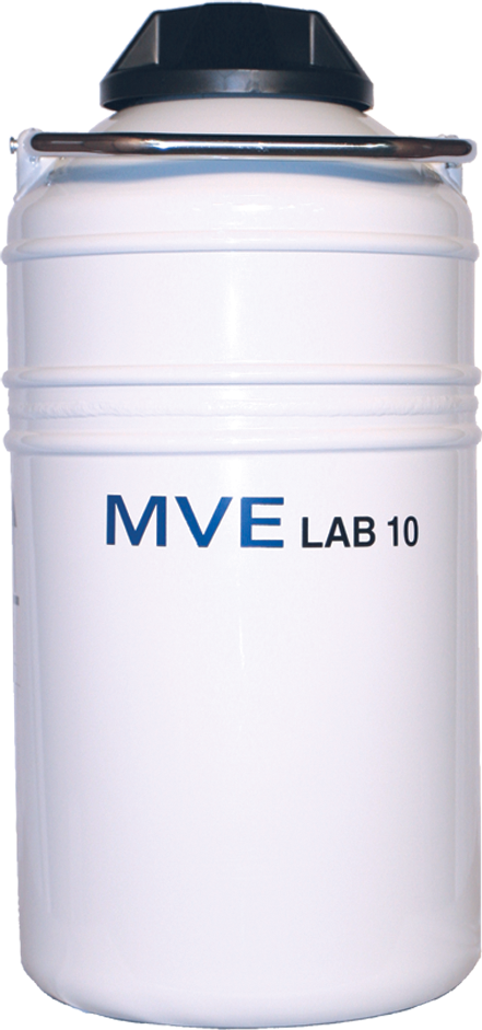 A white cylindrical Chart/MVE Lab 10 container with black lid, featuring a five-year manufacturer’s warranty, used as a cryogenic liquid nitrogen storage dewar in labs.
