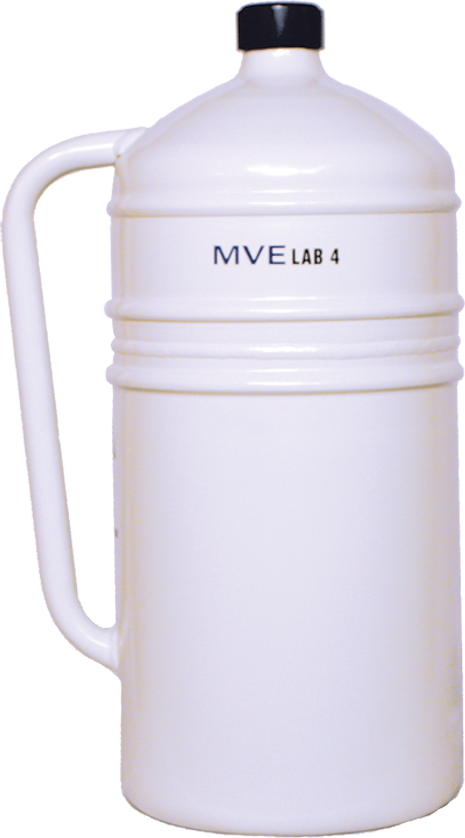 The Chart/MVE Lab 4 is a tall, white container with a handle and black cap, designed for laboratory cryogenic storage. It comes with a five-year manufacturer’s warranty.