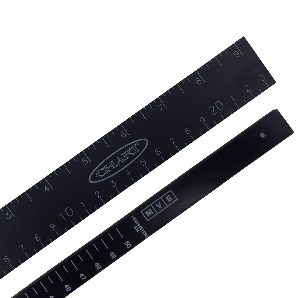 Two black rulers with white markings, labeled CHART and MVE, overlap atop a black background—measuring tools included in the Chart/MVE XC 34/18 Package Deal for use with the XC 34/18 semen storage tank.