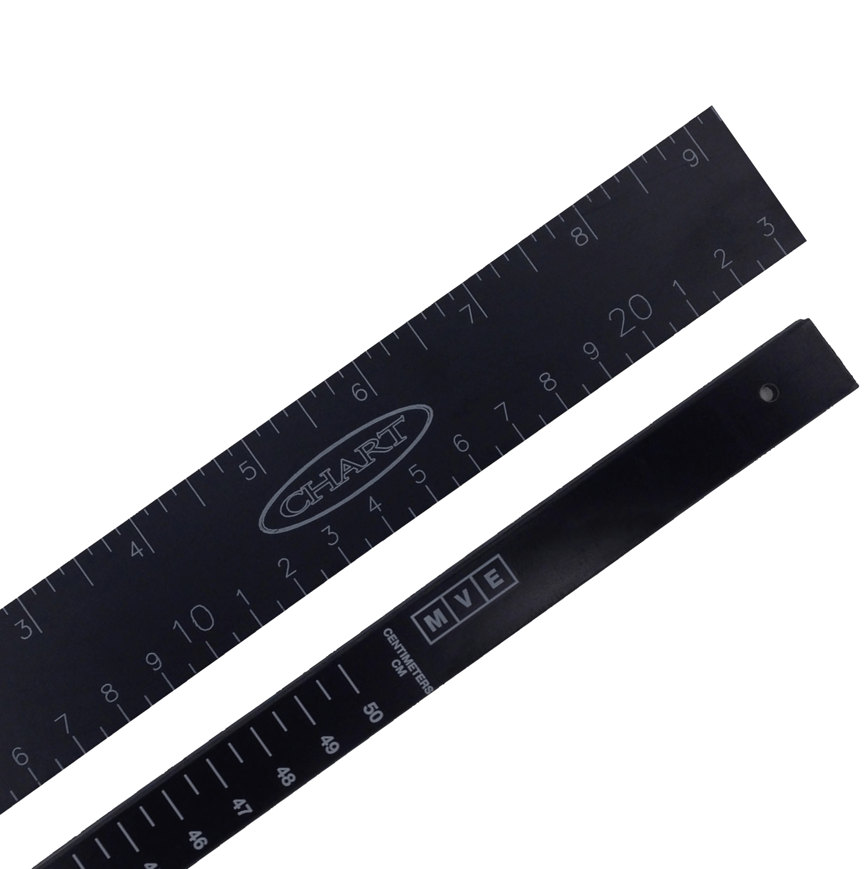 Two black rulers with white markings, labeled CHART and MVE, overlap atop a black background—measuring tools included in the Chart/MVE XC 34/18 Package Deal for use with the XC 34/18 semen storage tank.