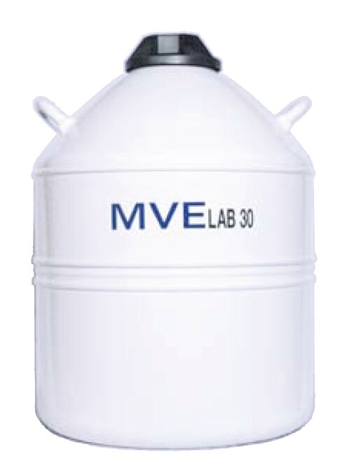 The Chart/MVE Lab 30 cryogenic dewar, featuring two side handles and a black lid, offers safe liquid nitrogen storage for laboratories and comes with a five-year manufacturers warranty.