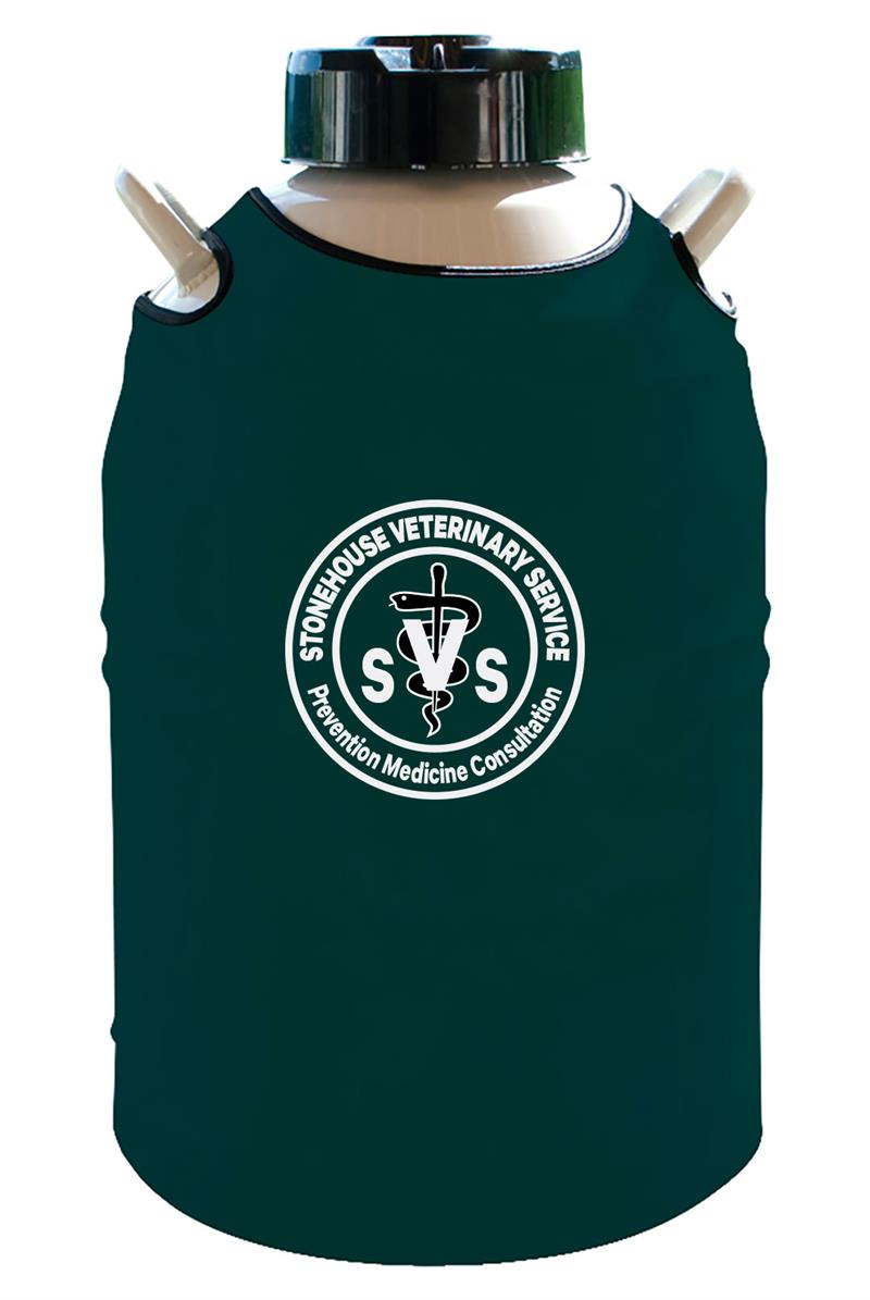 The Chart/MVE XC 34/18 PACKAGE DEAL is a high-capacity, dark green insulated storage tank with lid and side handles, featuring the Stonehouse Veterinary Service logo—perfect for semen storage. Includes tank top, measuring stick, inventory packet, and Canekeeper.