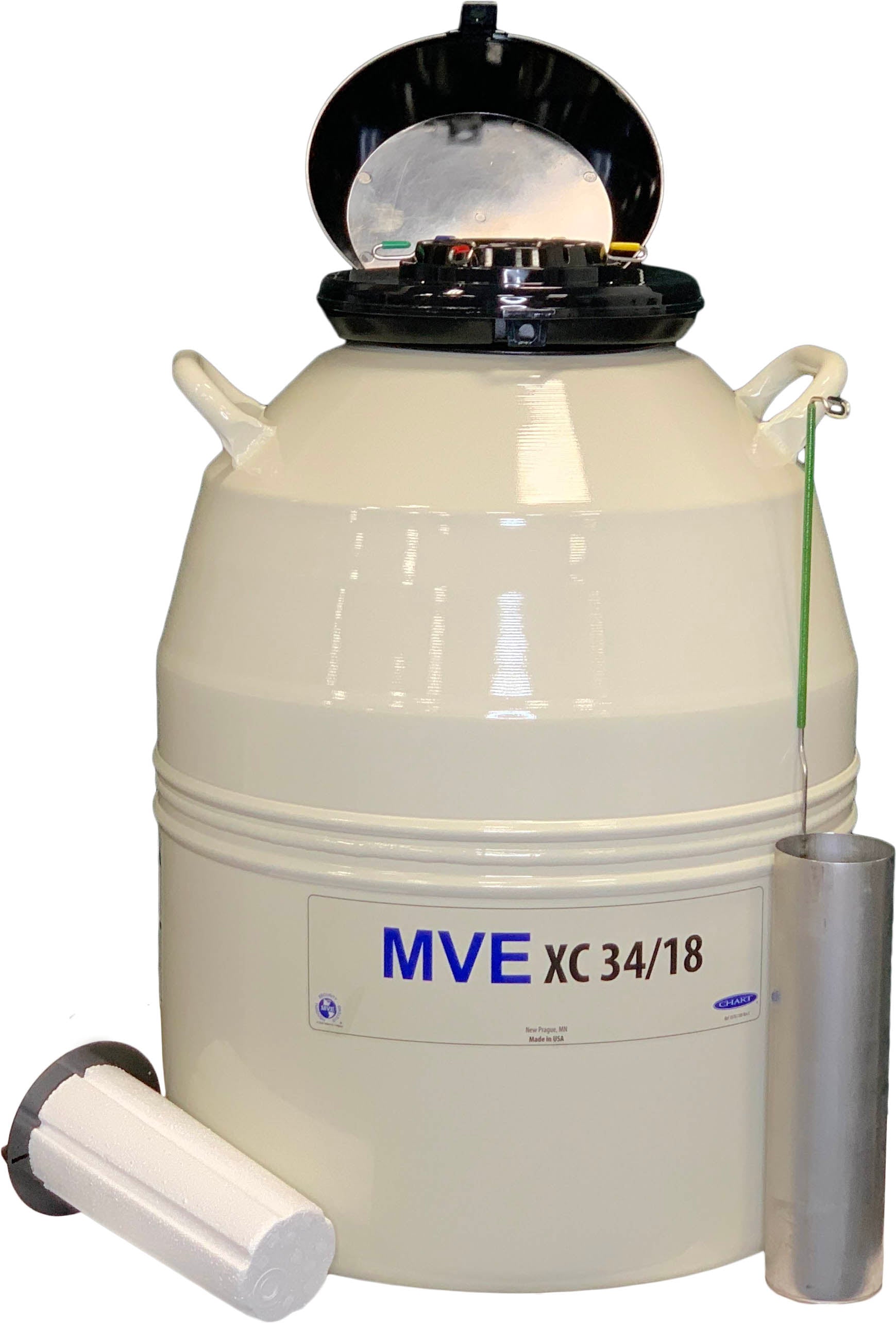 A white Chart/MVE XC 34/18 storage tank with its lid open, a metal canister beside it, and a cylindrical container in front. Holds 2100 straws for 18 weeks and includes a five-year vacuum warranty.